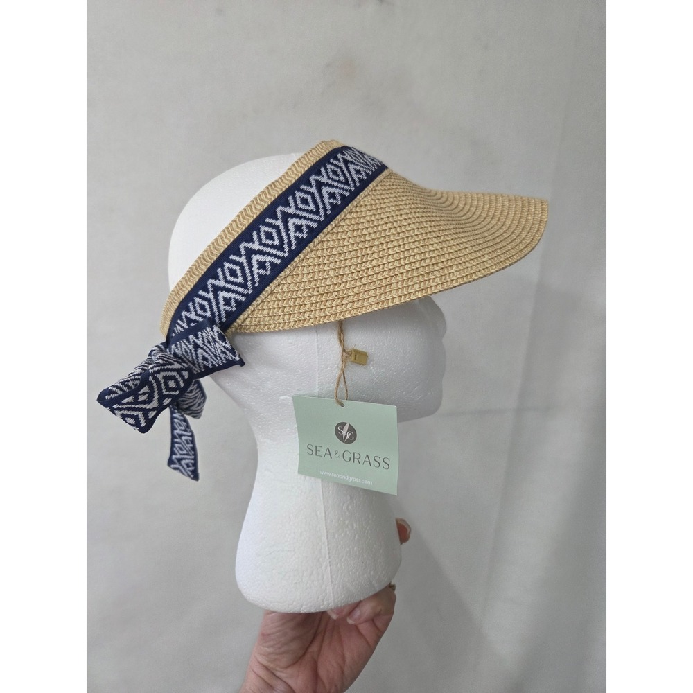 Sea & Grass Women Straw Visor Navy Blue Geometric Ribbon Tie Back Sun Hat NEW